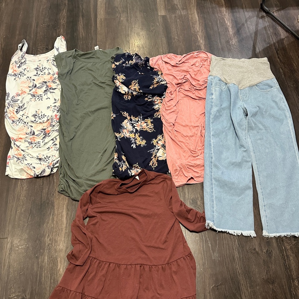 Size S, 6 pc Maternity Lot, Spring Bodycon Dresses, Wide Leg Baggy Jeans, top